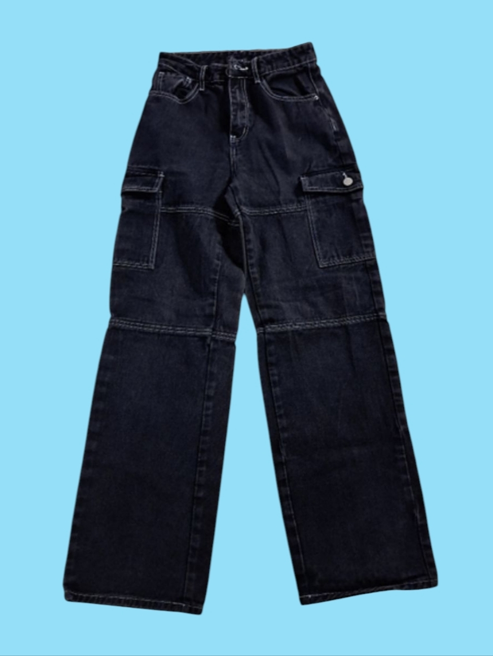 SHEIN Black Stylish Cargo Denim Jeans White Stitch Stonewashed Women's Size XS
